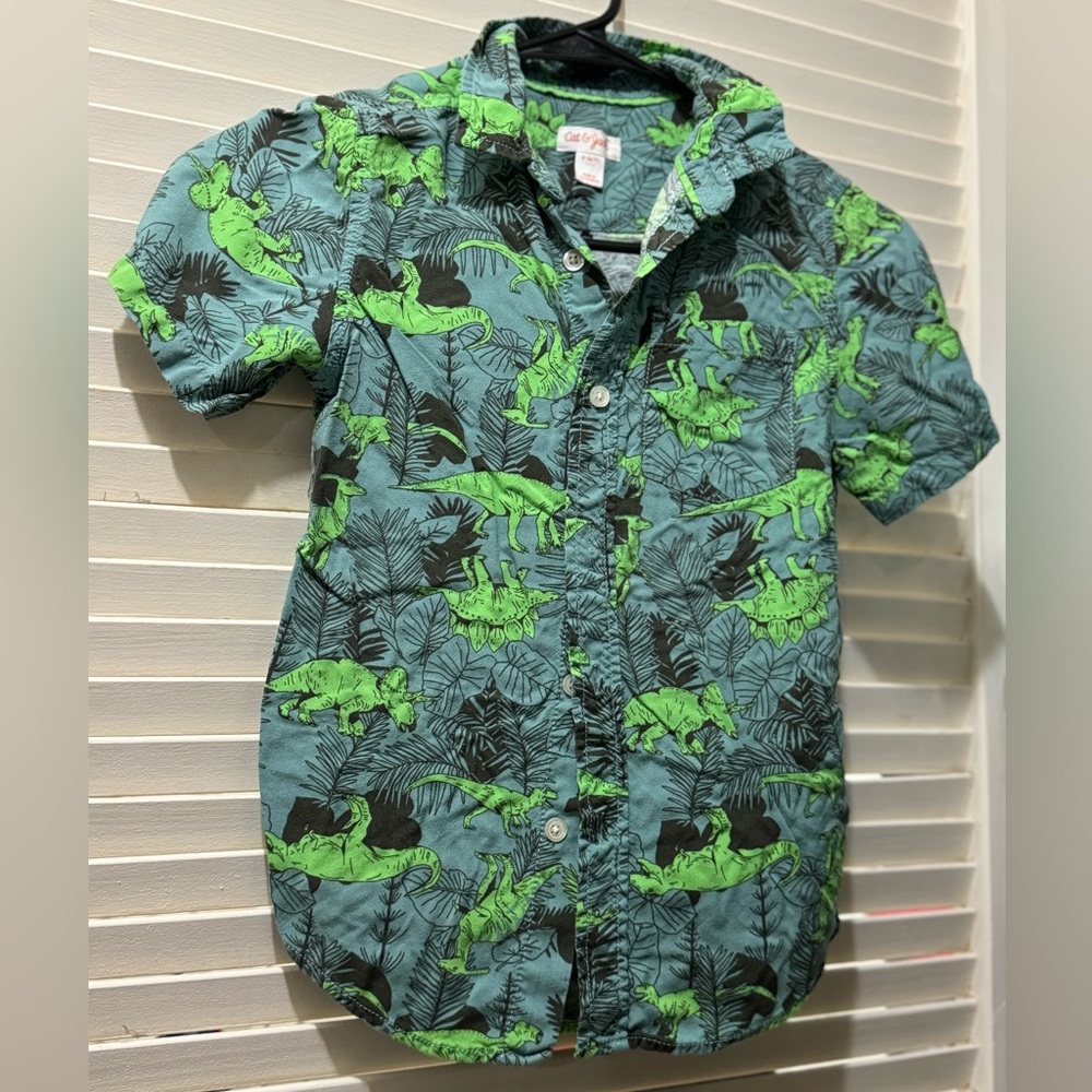 Cat & Jack Button Down Shirt Blue Dinosaur Print Short Sleeve Boys EUC